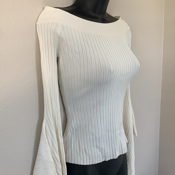 BCBG MaxAzria Gardenia Cream Stevie Ribbed Off The Shoulder Bell Sleeve Sweater - Picture 8 of 13